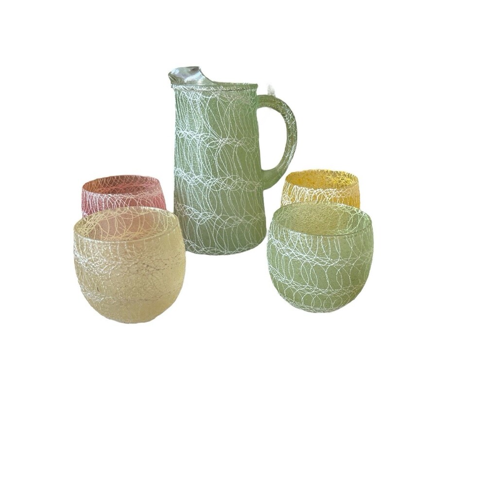 Vintage ColorCraft Spaghetti String Pitcher 7" Tumbler Set (4) Pastels 1950s MCM